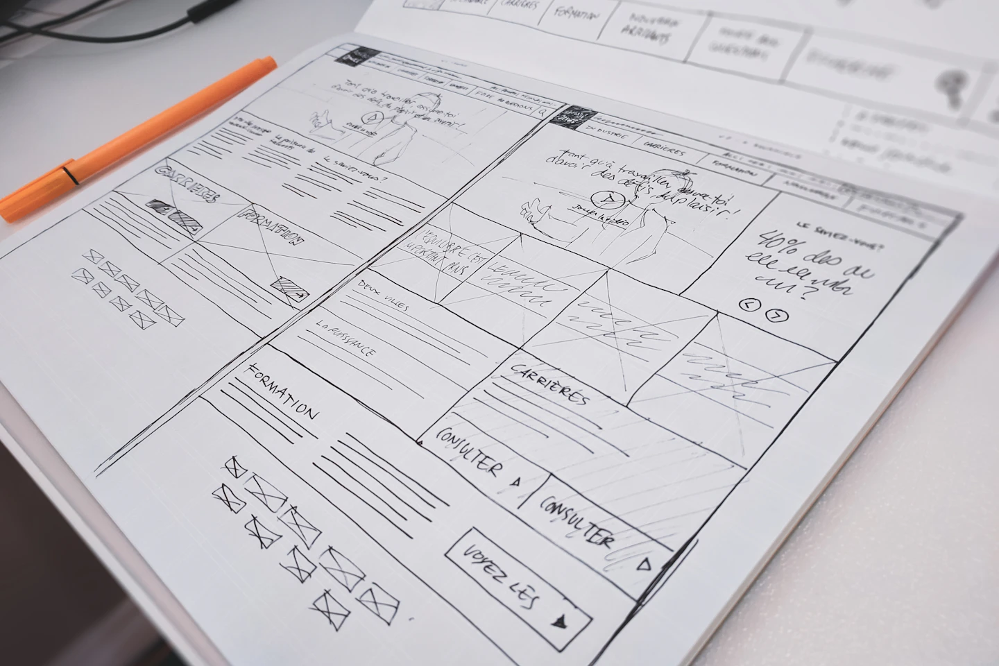 Hand-drawn website wireframes, notes and an orange pencil on paper.