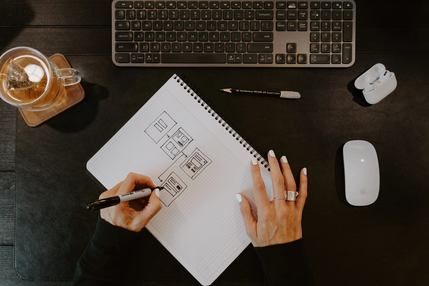 Hands sketching website layouts in a notebook beside a keyboard.