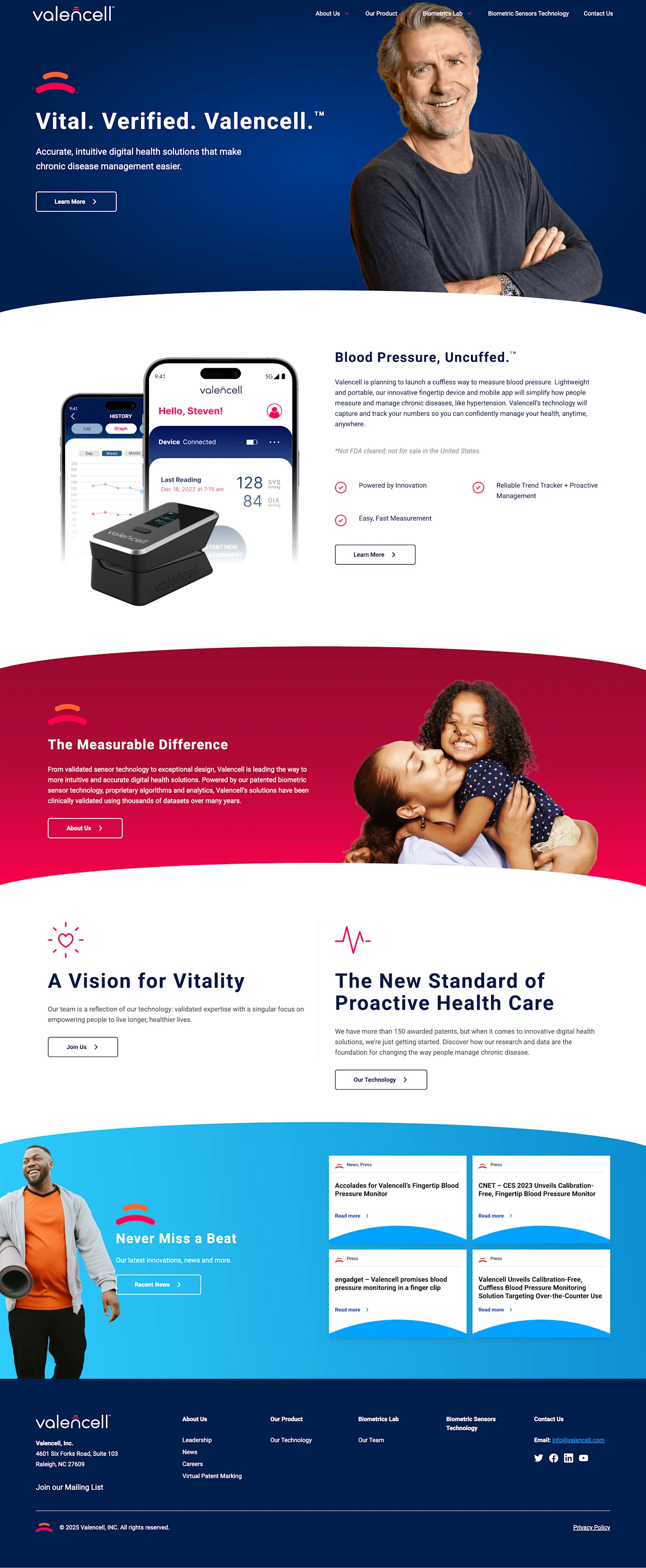 Historical Valencell website headed Vital. Verified. Valencell., followed by product, people and company sections
